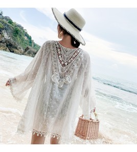 LWBC6326100046 蕾絲雪紡衫流蘇開衫外搭 度假民族風波西米亞沙灘防曬衣女