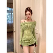 HSPN6406100001 青棕波點綠色波點罩衫溫泉度假分體泳衣