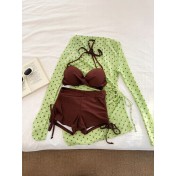 HSPN6406100001 青棕波點綠色波點罩衫溫泉度假分體泳衣