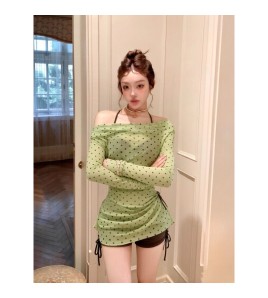 HSPN6406100001 青棕波點綠色波點罩衫溫泉度假分體泳衣