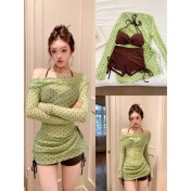 HSPN6406100001 青棕波點綠色波點罩衫溫泉度假分體泳衣