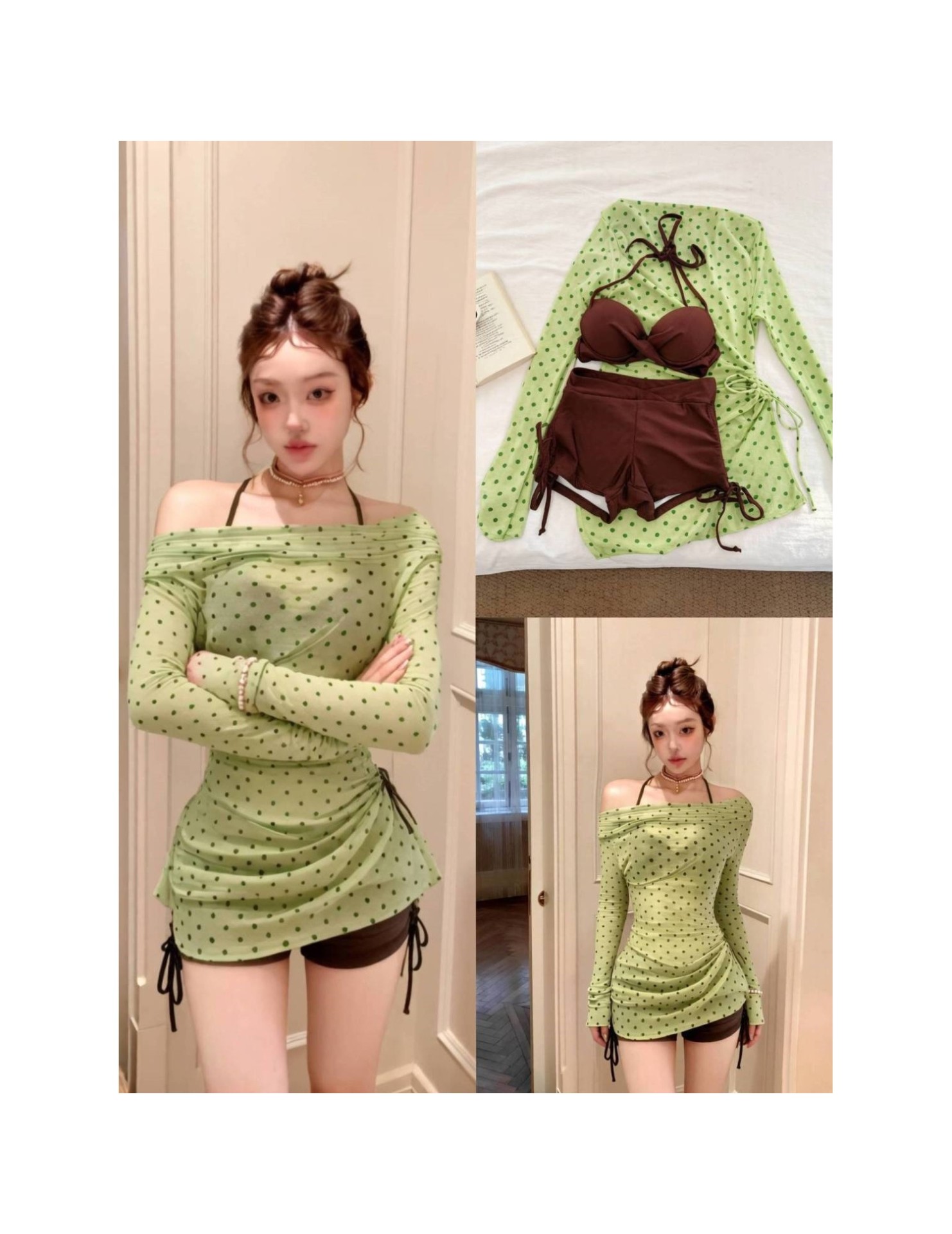 HSPN6406100001 青棕波點綠色波點罩衫溫泉度假分體泳衣