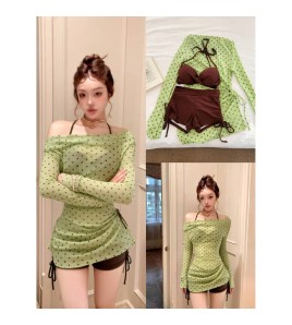 HSPN6406100001 青棕波點綠色波點罩衫溫泉度假分體泳衣