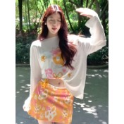 HSPN6406100002 夏日橙橙色印花顯瘦性感比基尼四件套度假海島超出片