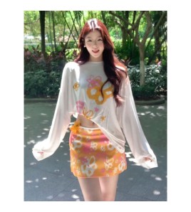 HSPN6406100002 夏日橙橙色印花顯瘦性感比基尼四件套度假海島超出片