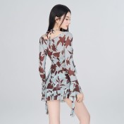 HSPN64061100003 復古楓葉印花長袖分體比基尼四件套小胸鋼托聚攏胖女孩海邊泳衣女 