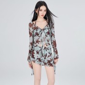 HSPN64061100003 復古楓葉印花長袖分體比基尼四件套小胸鋼托聚攏胖女孩海邊泳衣女 