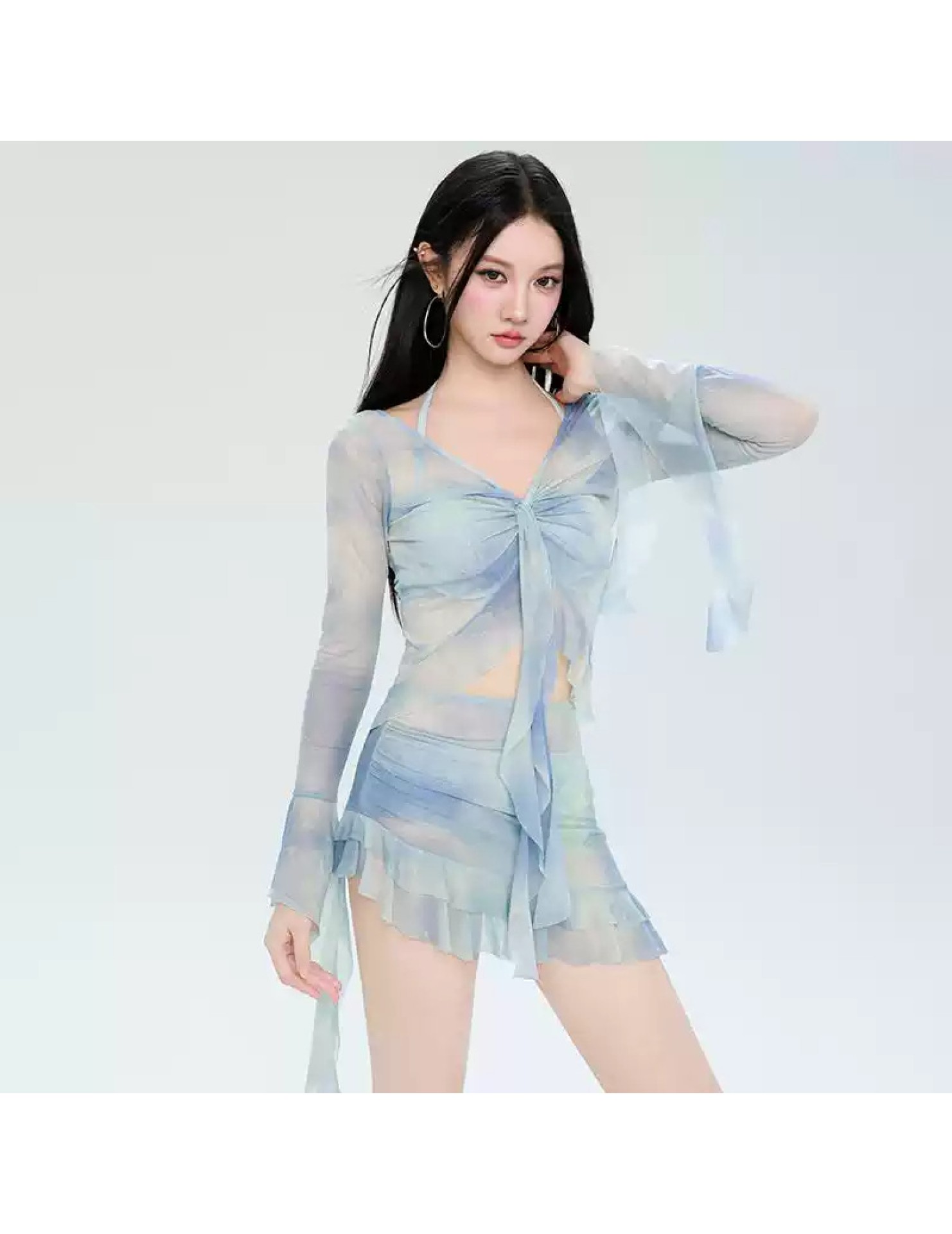 HSPN64061100004 分體泳衣女2026年新款長袖顯瘦遮肚泡溫泉高級感裙式比基尼四件套 