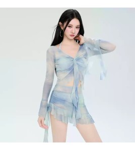 HSPN64061100004 分體泳衣女2026年新款長袖顯瘦遮肚泡溫泉高級感裙式比基尼四件套 