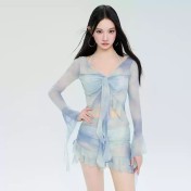 HSPN64061100004 分體泳衣女2026年新款長袖顯瘦遮肚泡溫泉高級感裙式比基尼四件套 