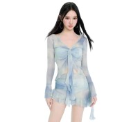 HSPN64061100004 分體泳衣女2026年新款長袖顯瘦遮肚泡溫泉高級感裙式比基尼四件套 