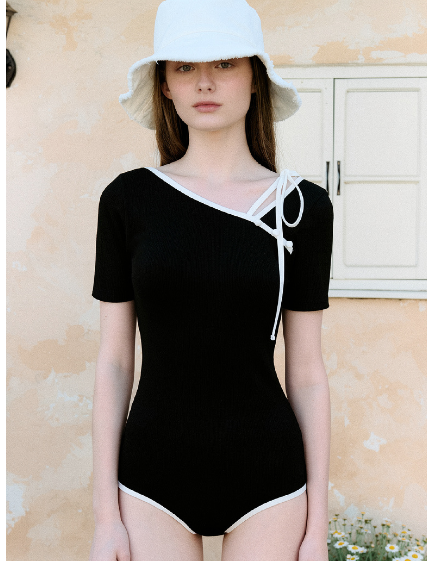 HSPN64061100005 新中式斜肩豆扣露背綁帶連體泳衣女短袖修身帶胸墊 