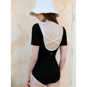 HSPN64061100005 新中式斜肩豆扣露背綁帶連體泳衣女短袖修身帶胸墊 