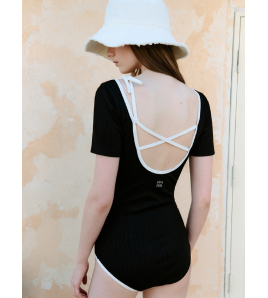 HSPN64061100005 新中式斜肩豆扣露背綁帶連體泳衣女短袖修身帶胸墊 