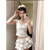 HSPN64061100006 貝殼印花正肩V領蛋糕半裙分體泳衣小心機搭配度假溫泉超出片 