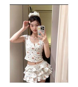 HSPN64061100006 貝殼印花正肩V領蛋糕半裙分體泳衣小心機搭配度假溫泉超出片 