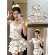 HSPN64061100006 貝殼印花正肩V領蛋糕半裙分體泳衣小心機搭配度假溫泉超出片 