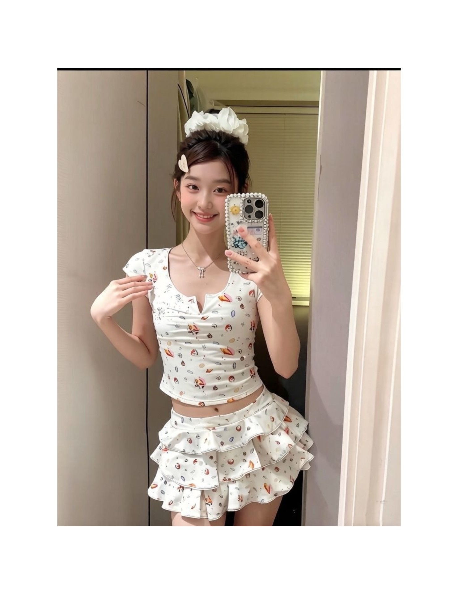 HSPN64061100006 貝殼印花正肩V領蛋糕半裙分體泳衣小心機搭配度假溫泉超出片 