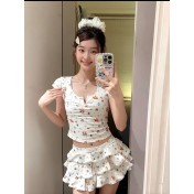 HSPN64061100006 貝殼印花正肩V領蛋糕半裙分體泳衣小心機搭配度假溫泉超出片 