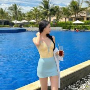 HSPN64061100009 海岸雛菊吊帶V領荷葉黃白格紋連體泳衣高顏值島嶼度假 