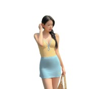 HSPN64061100009 海岸雛菊吊帶V領荷葉黃白格紋連體泳衣高顏值島嶼度假 