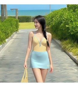 HSPN64061100009 海岸雛菊吊帶V領荷葉黃白格紋連體泳衣高顏值島嶼度假 