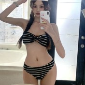 HSPN647100001 甜酷辣黑色條紋比基尼分體泳衣度假溫泉三件套