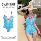 HSPN647100005 泰國泡泡格紅藍撞色綁帶明媚元氣少女連體泳衣