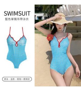 HSPN647100005 泰國泡泡格紅藍撞色綁帶明媚元氣少女連體泳衣