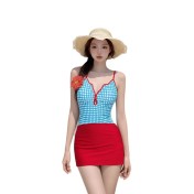 HSPN647100005 泰國泡泡格紅藍撞色綁帶明媚元氣少女連體泳衣