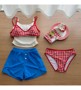 HSPN6472100001 泰蘭德海島度假紅藍撞色顯白出片比基尼四件套 