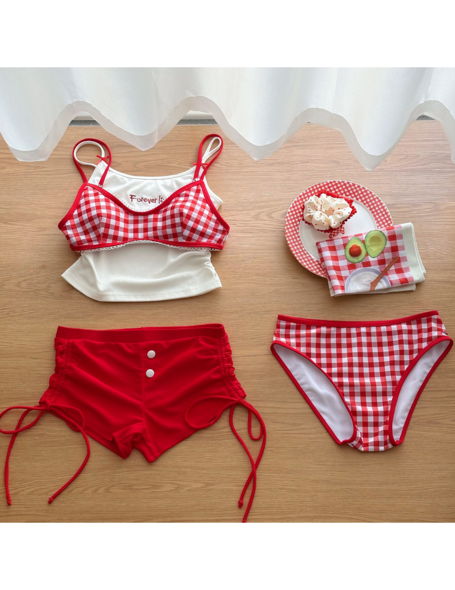 HSPN6472100001 泰蘭德海島度假紅藍撞色顯白出片比基尼四件套 