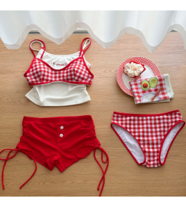 HSPN6472100001 泰蘭德海島度假紅藍撞色顯白出片比基尼四件套 