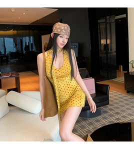 HSPN649100001金橘青檸薄荷綠金橘黃波點掛脖V領度假泳衣拍照 