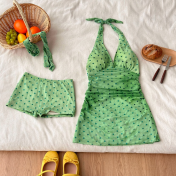 HSPN649100001金橘青檸薄荷綠金橘黃波點掛脖V領度假泳衣拍照 