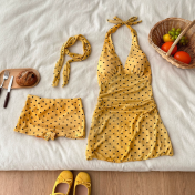 HSPN649100001金橘青檸薄荷綠金橘黃波點掛脖V領度假泳衣拍照 