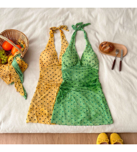 HSPN649100001金橘青檸薄荷綠金橘黃波點掛脖V領度假泳衣拍照 