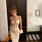 HSPN6415100002 新款海島度假風辣妹蕾絲抹胸比基尼女夏性感包臀沙灘裙三件套