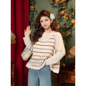 FCTP6416A100002 春季真兩件新款溫柔甜美鏤空針織背心+蕾絲內搭t恤疊穿減齡