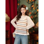 FCTP6416A100002 春季真兩件新款溫柔甜美鏤空針織背心+蕾絲內搭t恤疊穿減齡