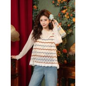 FCTP6416A100002 春季真兩件新款溫柔甜美鏤空針織背心+蕾絲內搭t恤疊穿減齡