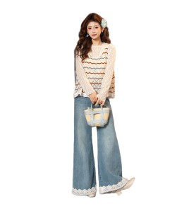 FCTP6416A100002 春季真兩件新款溫柔甜美鏤空針織背心+蕾絲內搭t恤疊穿減齡