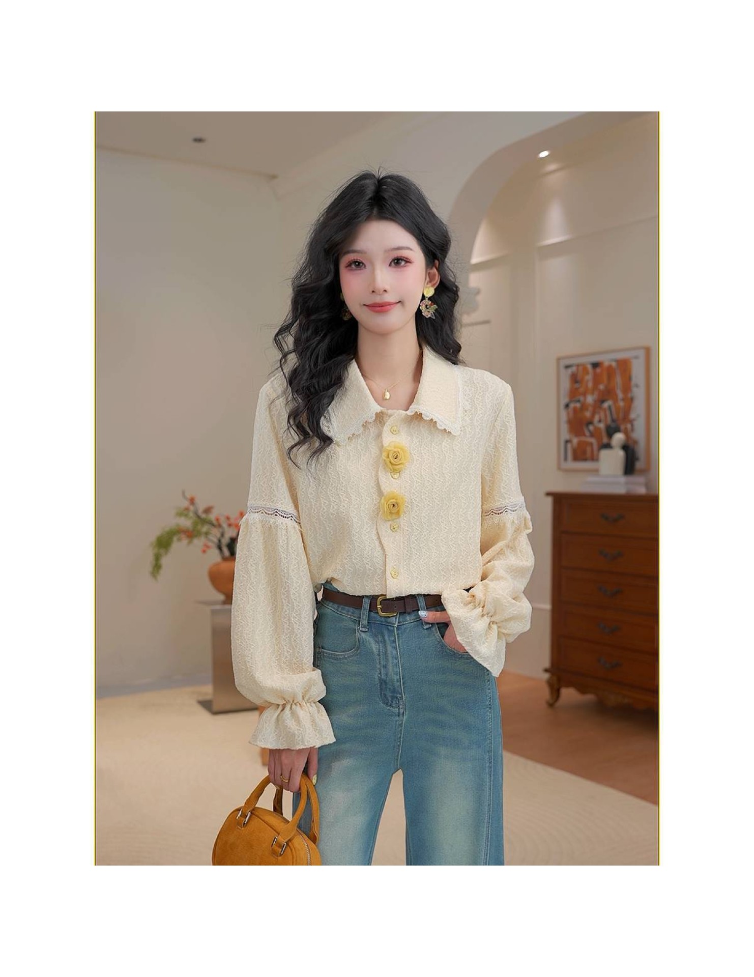 FCTP6416A100004 立體花朵長袖襯衣女春季顯瘦襯衫