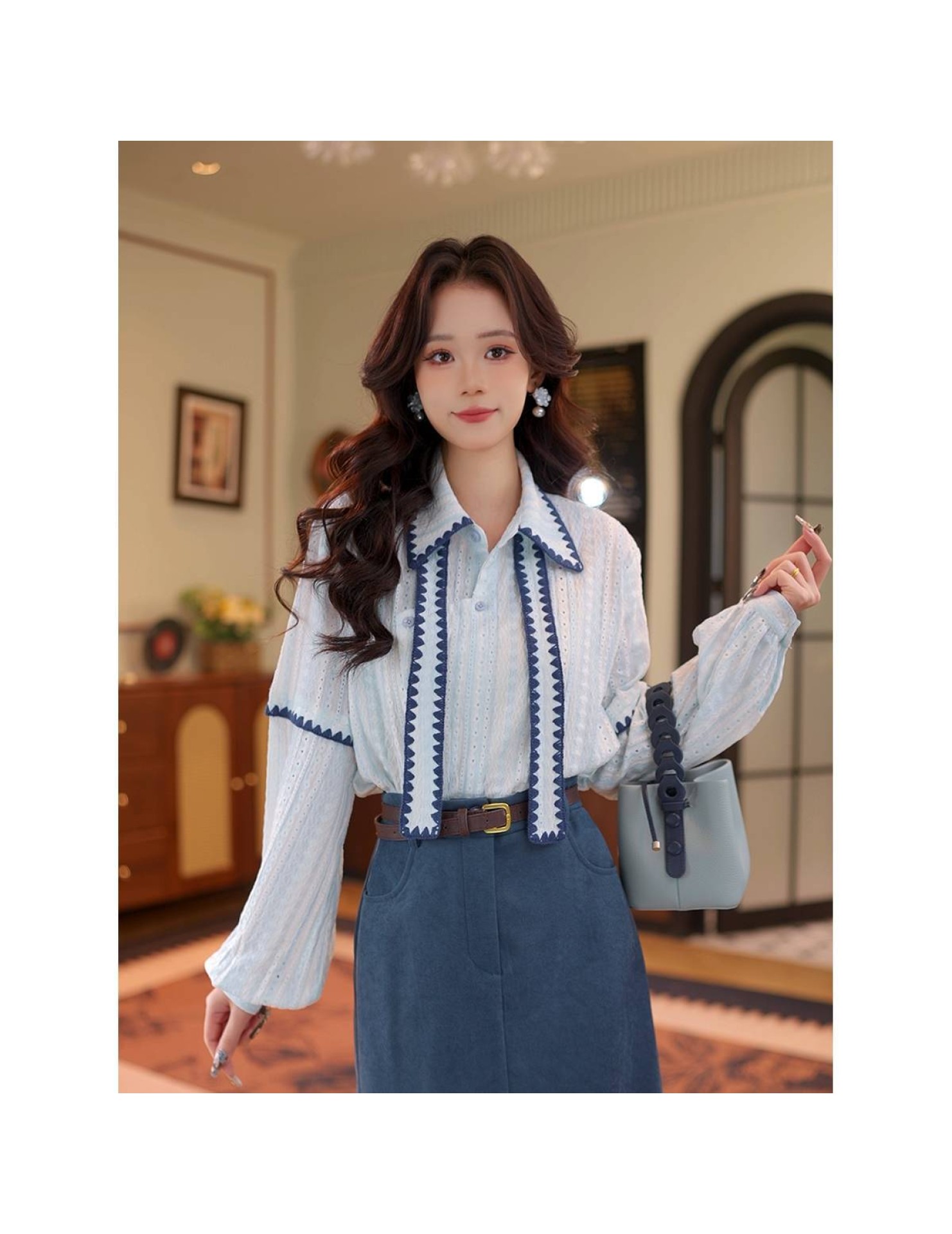 FCTP6416A100006 復古設計感飄帶翻領長袖襯衫女2026早春新款小眾設計感上衣潮