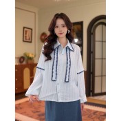 FCTP6416A100006 復古設計感飄帶翻領長袖襯衫女2026早春新款小眾設計感上衣潮
