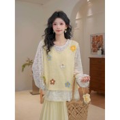 FCTP6416A100007 微透內搭罩衫立體花朵長袖T恤疊穿馬甲女春季穿搭