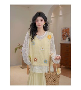 FCTP6416A100007 微透內搭罩衫立體花朵長袖T恤疊穿馬甲女春季穿搭