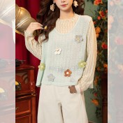 FCTP6416A100007 微透內搭罩衫立體花朵長袖T恤疊穿馬甲女春季穿搭