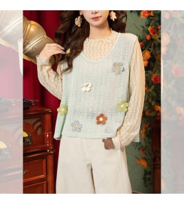 FCTP6416A100007 微透內搭罩衫立體花朵長袖T恤疊穿馬甲女春季穿搭