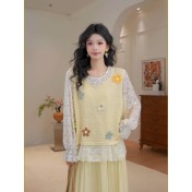 FCTP6416A100007 微透內搭罩衫立體花朵長袖T恤疊穿馬甲女春季穿搭